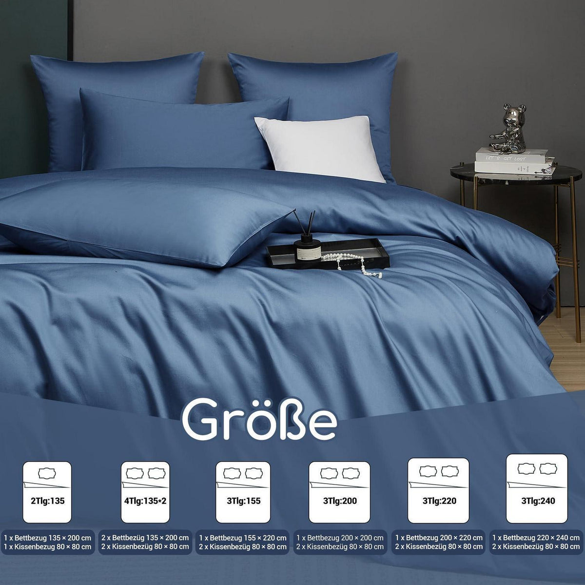 Mako Satin Bettwäsche-Set 220x240 blau marine, 3-teilig