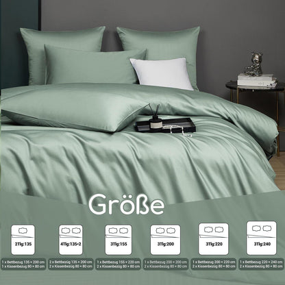 Mako Satin Bettwäsche 220x240 Grün Salbeigrün 3-tlg.