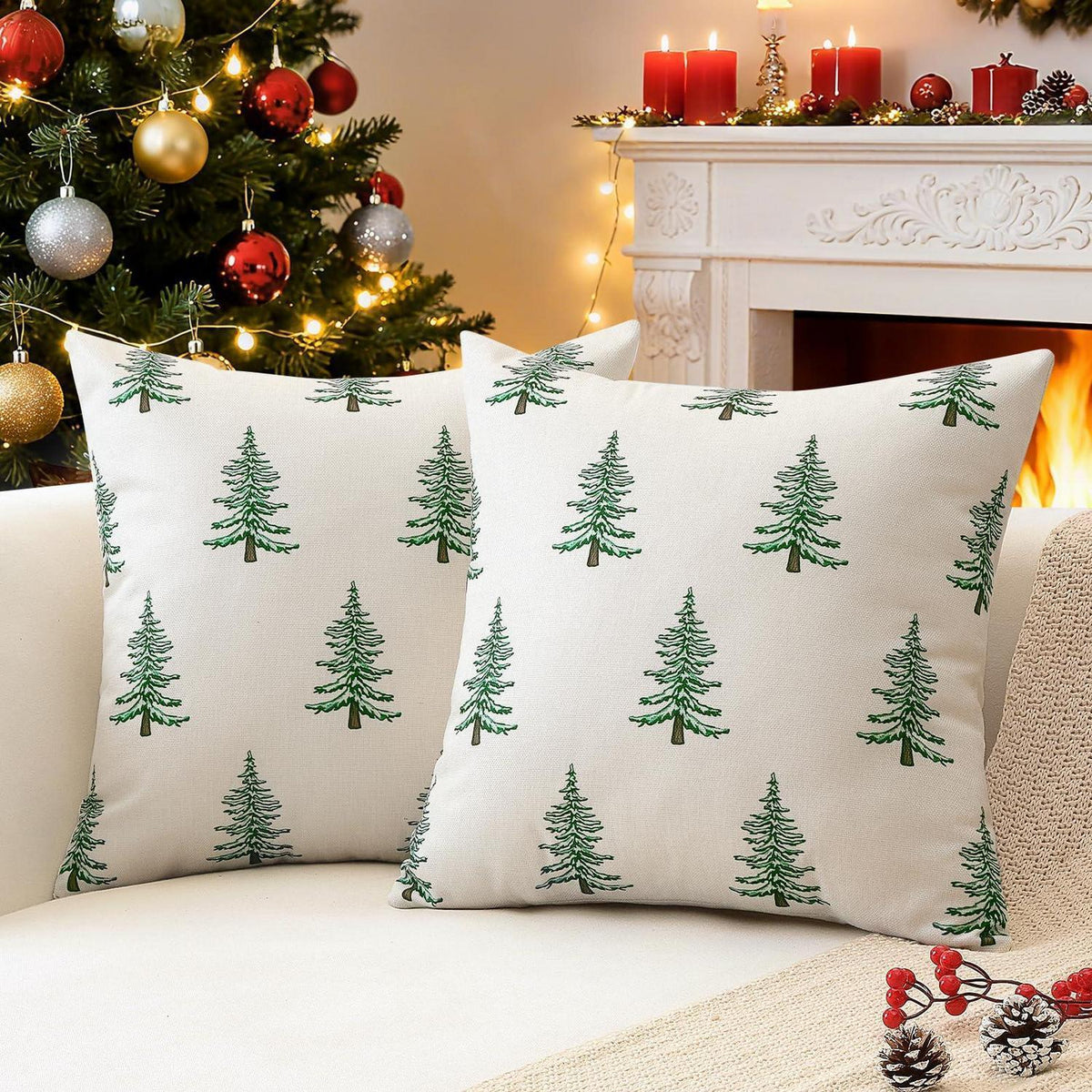 Weihnachtliche Kissenbezüge 2er Set 45x45 cm Weihnachtsbaum Beige
