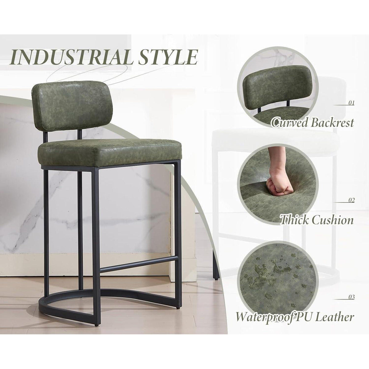 Grüner Barhocker mit Fußstütze – 2er Set, Industriestil