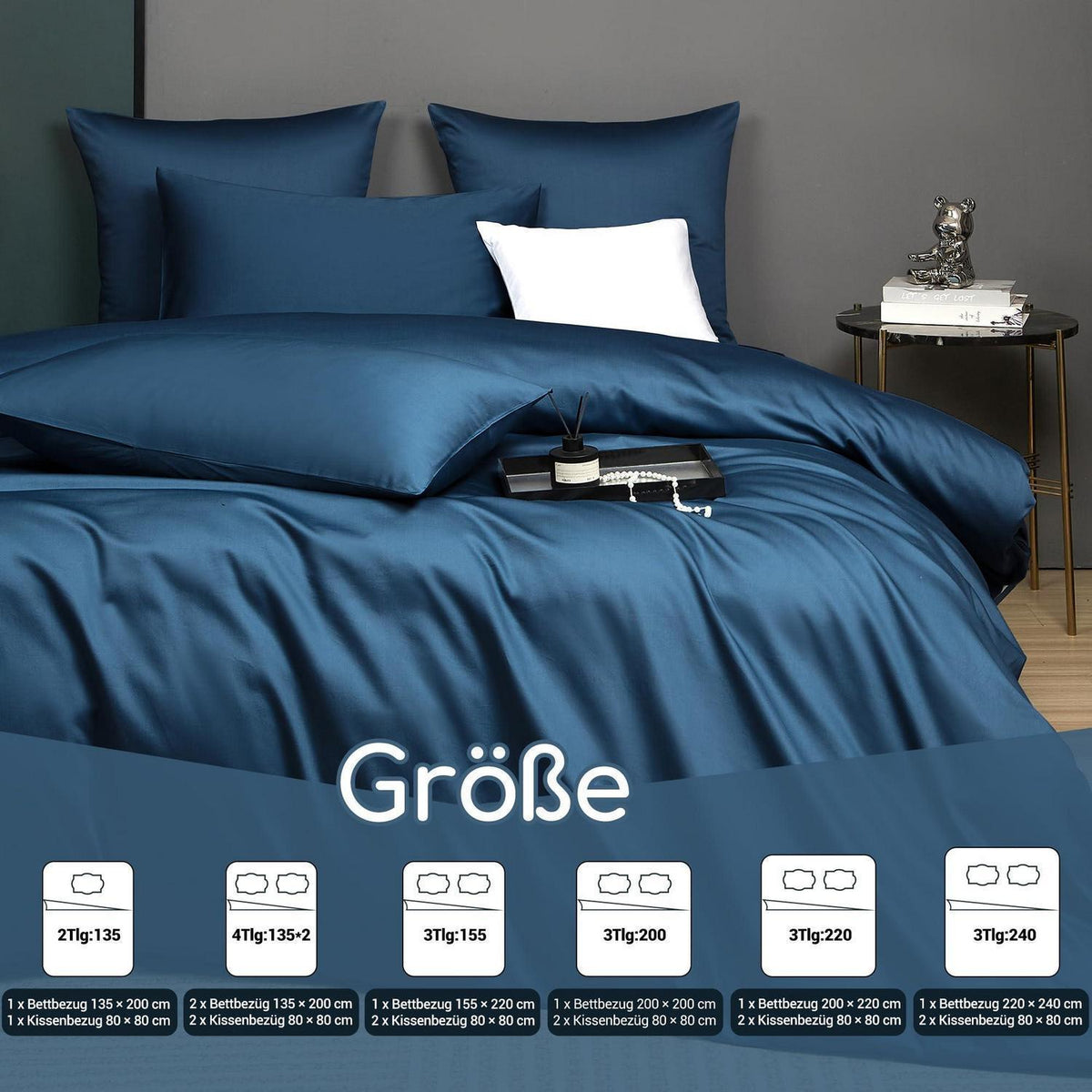 Mako Satin Bettwäsche Set 135x200 Petrol Blau 4tlg.