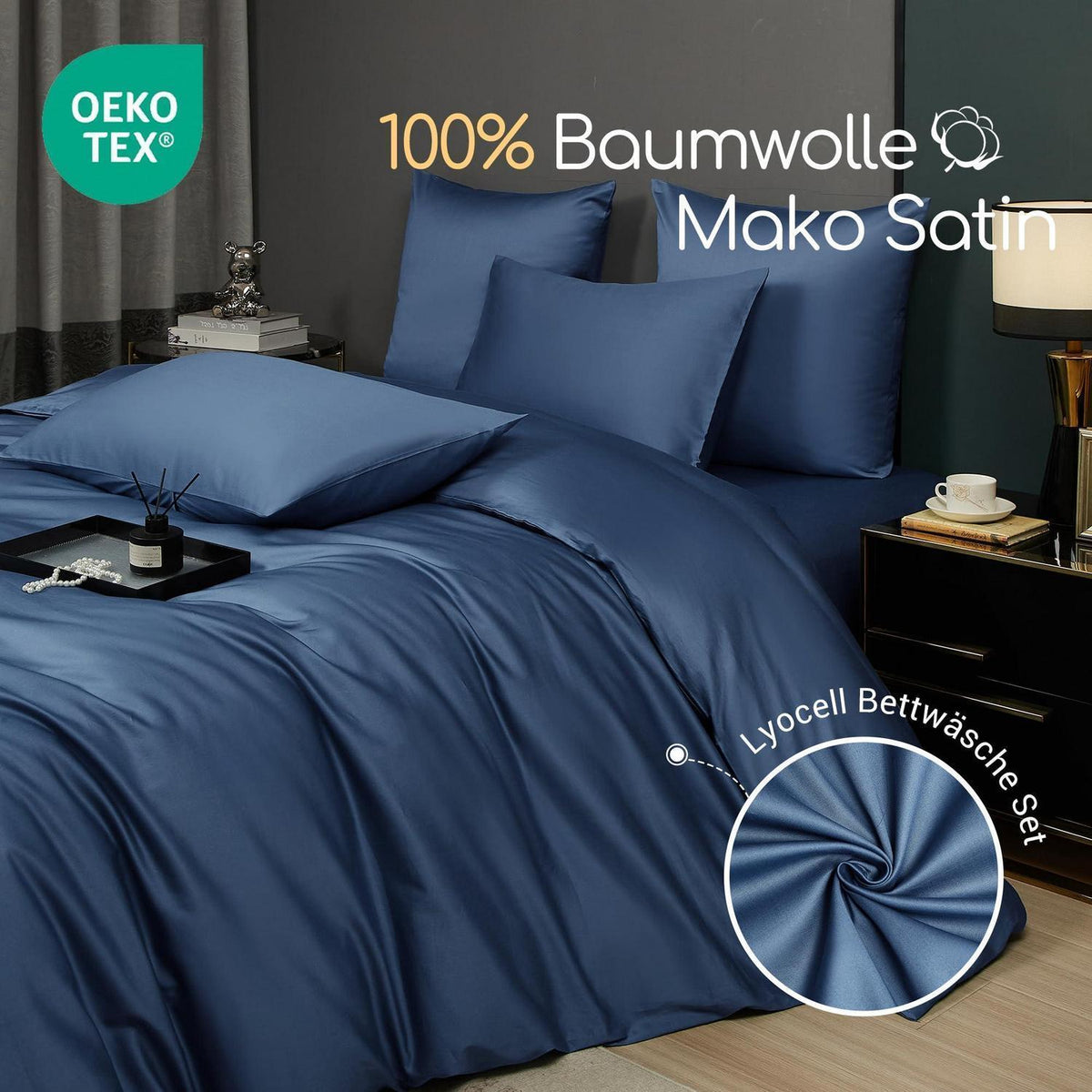 Mako Satin Bettwäsche Set 200x200 Blau Marine Uni