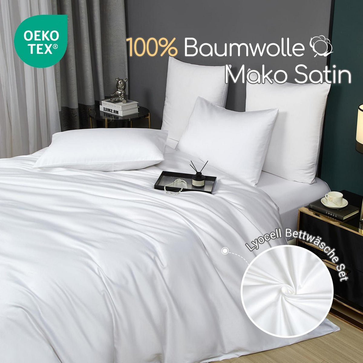 Mako Satin Bettwäsche 135x200 Weiß 4tlg. Baumwolle
