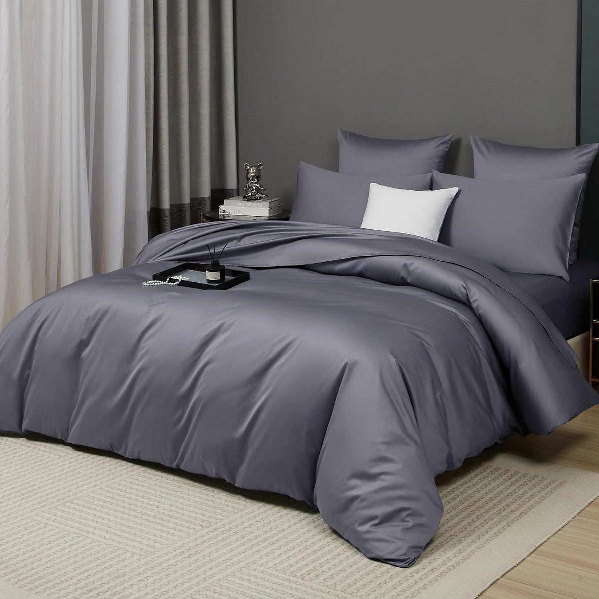 Mako Satin Bettwäsche Set 220x240 Hellgrau Anthrazit 3-teilig