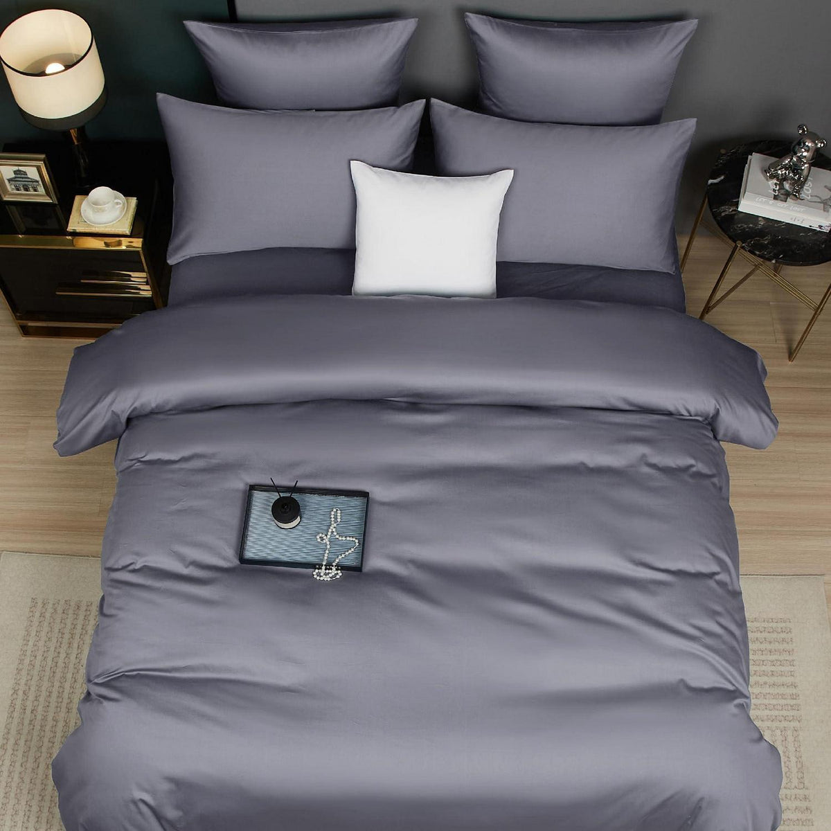 Mako Satin Bettwäsche Set 220x240 Hellgrau Anthrazit 3-teilig
