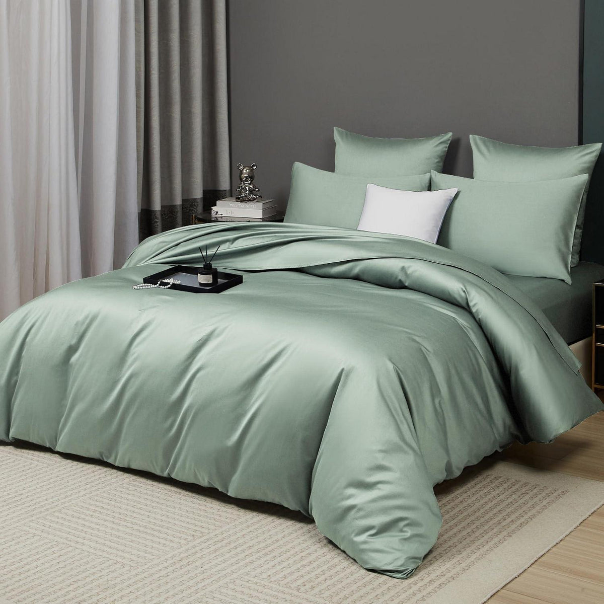 Mako Satin Bettwäsche Set Grün 200x200 cm, 3-teilig