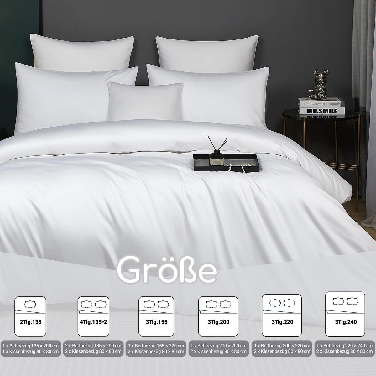 Mako Satin Bettwäsche Set 200x200 Weiß – 3-teilig & Kuschelig