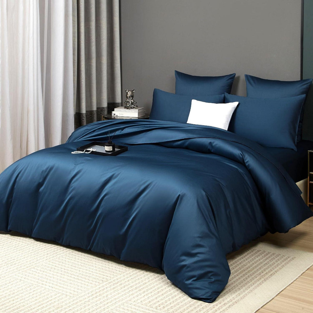 Mako Satin Bettwäsche Set 200x220 Petrol Blau 3-teilig