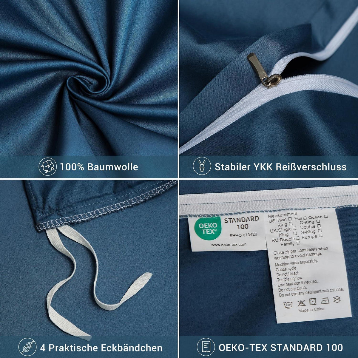 Mako Satin Bettwäsche Set 200x220 Petrol Blau 3-teilig