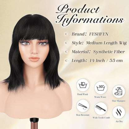 Welliges Bob Perücke mit Pony, Schwarz Braun, 35cm