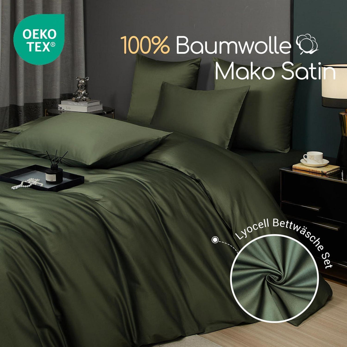 Mako Satin Bettwäsche Set 220x240 Dunkelgrün Baumwolle