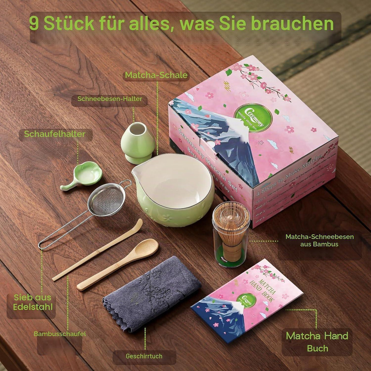 9-teiliges Matcha Set | Bambus Besen & Keramik Schale