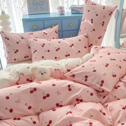Mädchen Bettwäsche Set 135x200 Rosa Rot Kirschen Schleifen