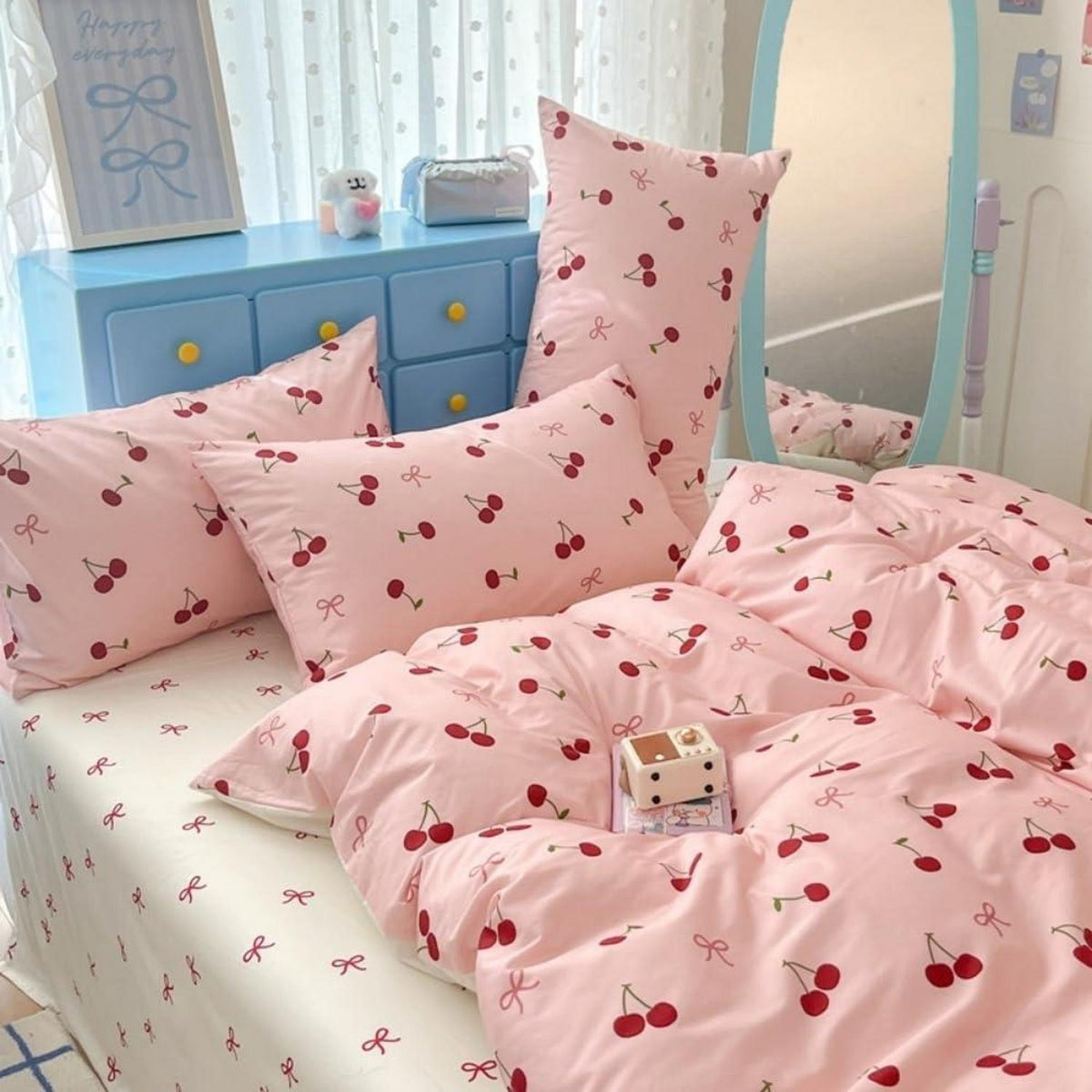 Mädchen Bettwäsche Set 135x200 Rosa Rot Kirschen Schleifen