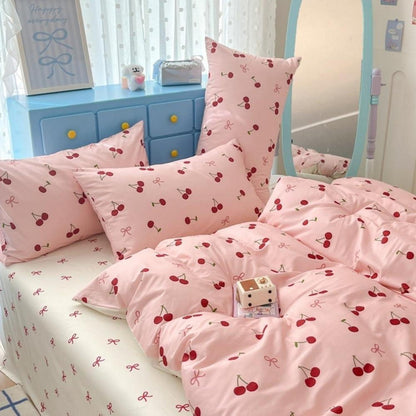 Mädchen Bettwäsche Set 135x200 Rosa Rot Kirschen Schleifen