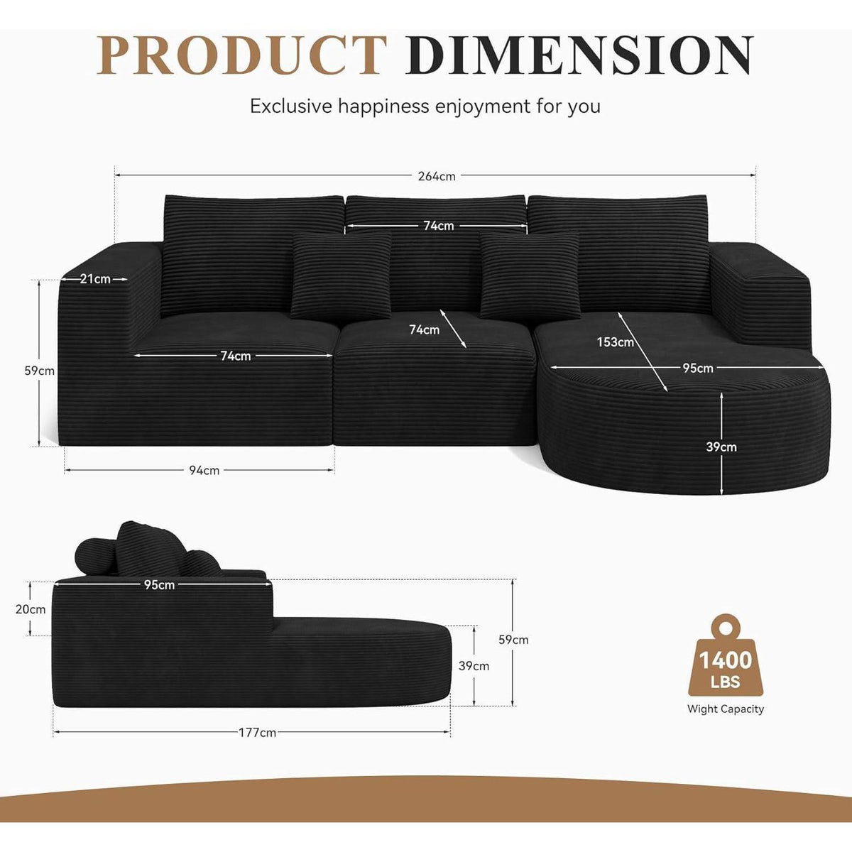 Hawthyhome Ecksofa mit Schlaffunktion, Cordstoff, Schwarz