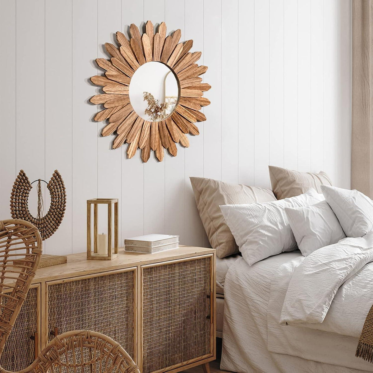 Rustikaler Wandspiegel 48cm Holz Sunburst Boho Deko Spiegel