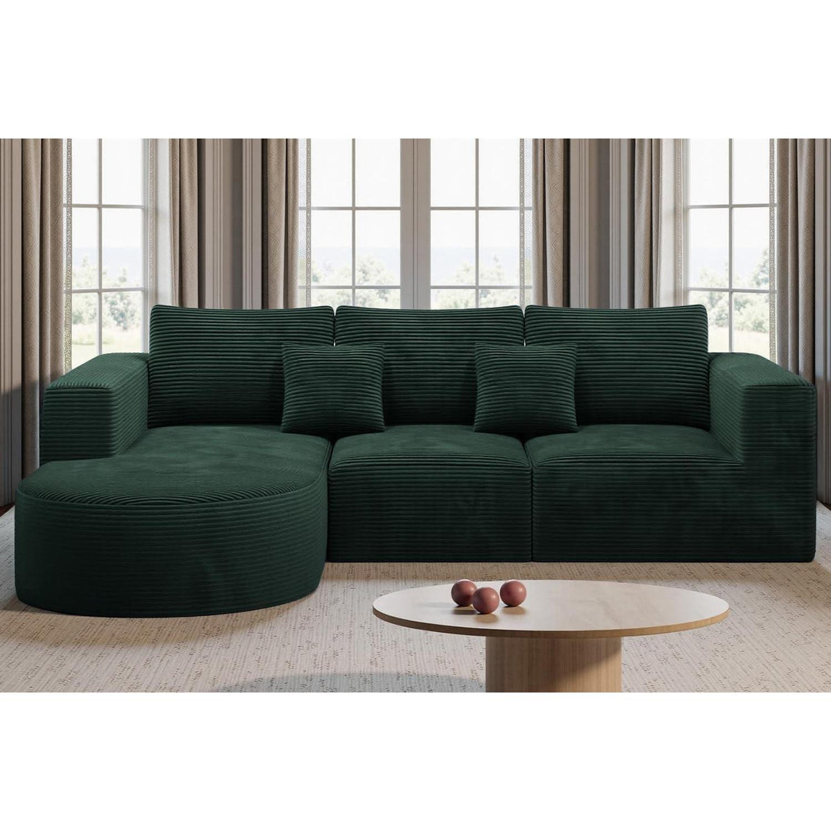 Ecksofa mit Schlaffunktion, rahmenlos, Cordstoff, Grün