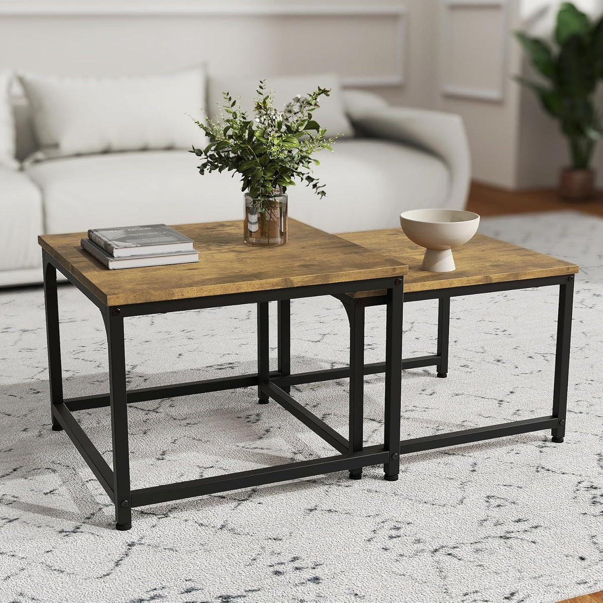 Holz Couchtisch Set rund mit Metallrahmen, Braun-quadratisch