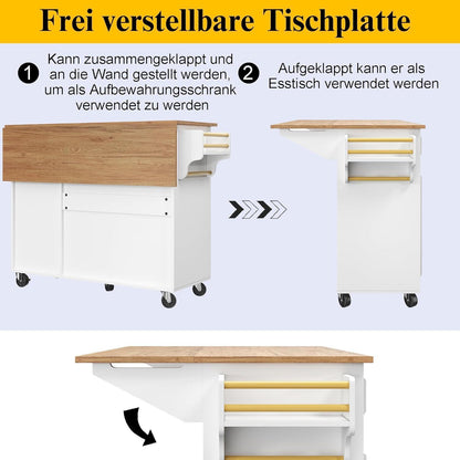 Klappbarer Küchenwagen mit Schubladen & Ablageflächen (Weiß)