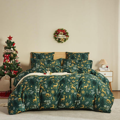 Weihnachts Bettwäsche Set 155x220 cm Grün Elch Muster
