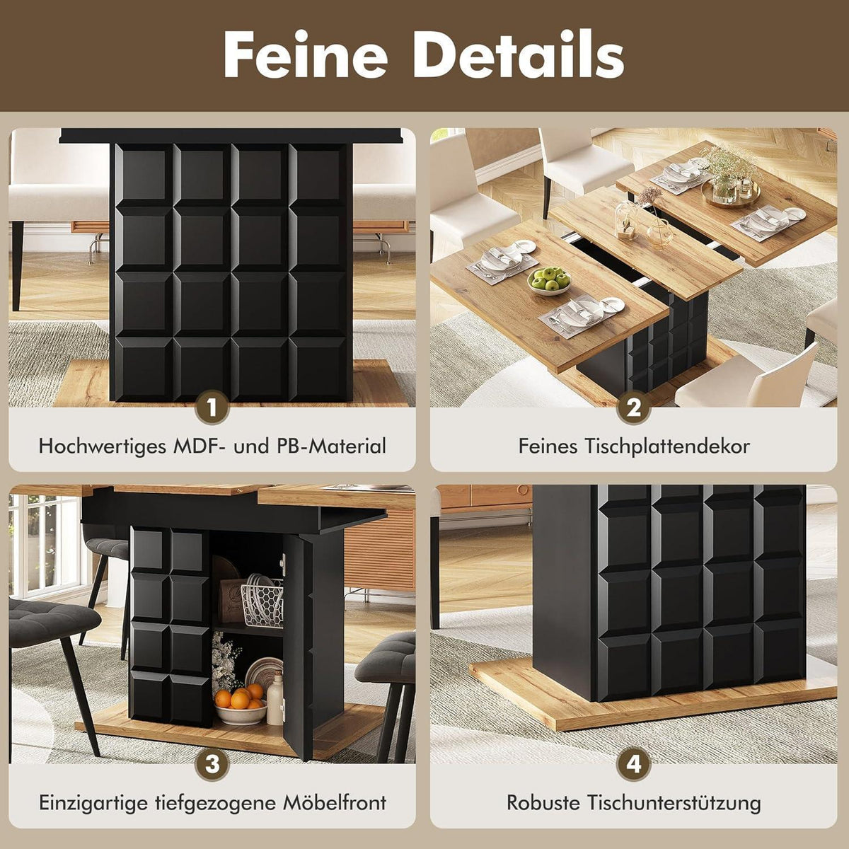Ausziehbarer Esstisch Holz Schwarz 110-140x80 cm mit Ablage