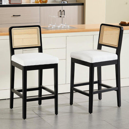 Barhocker 2er Set mit Rattan Rückenlehne, Beige