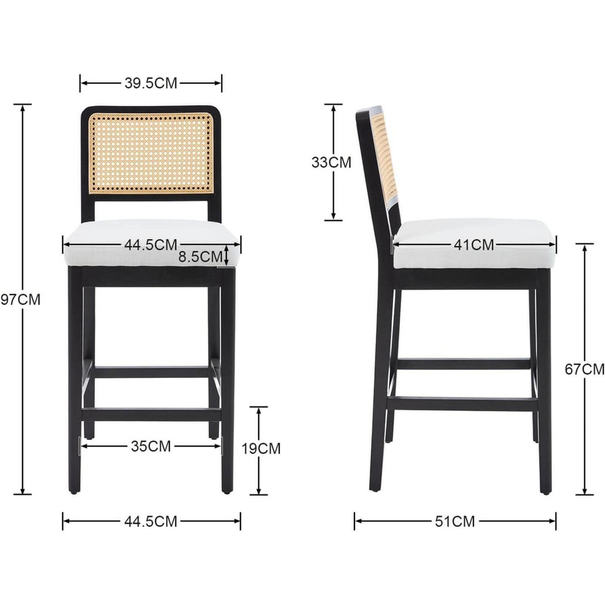 Barhocker 2er Set mit Rattan Rückenlehne, Beige