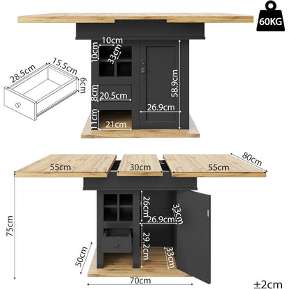 Ausziehbarer Esstisch Holz Schwarz mit Weinregal & Schubladen