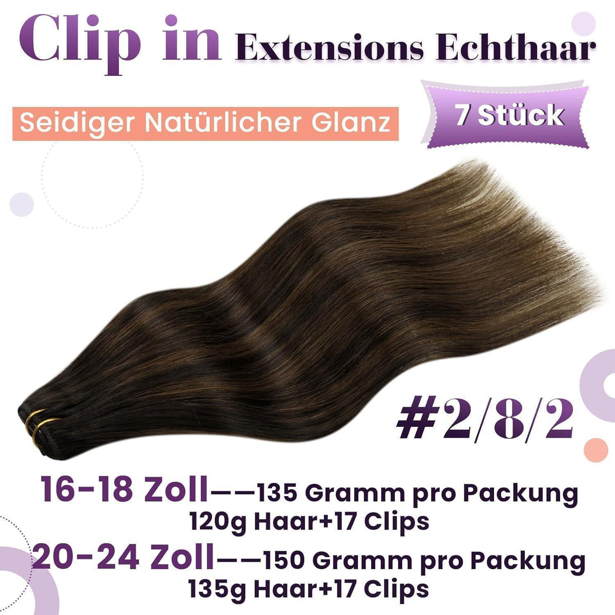 Clip-in Echthaar Extensions Braun Dunkelbraun Ombre 40cm