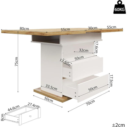 Ausziehbarer Esstisch Holz Weiß mit Stauraum (110-140x80cm)