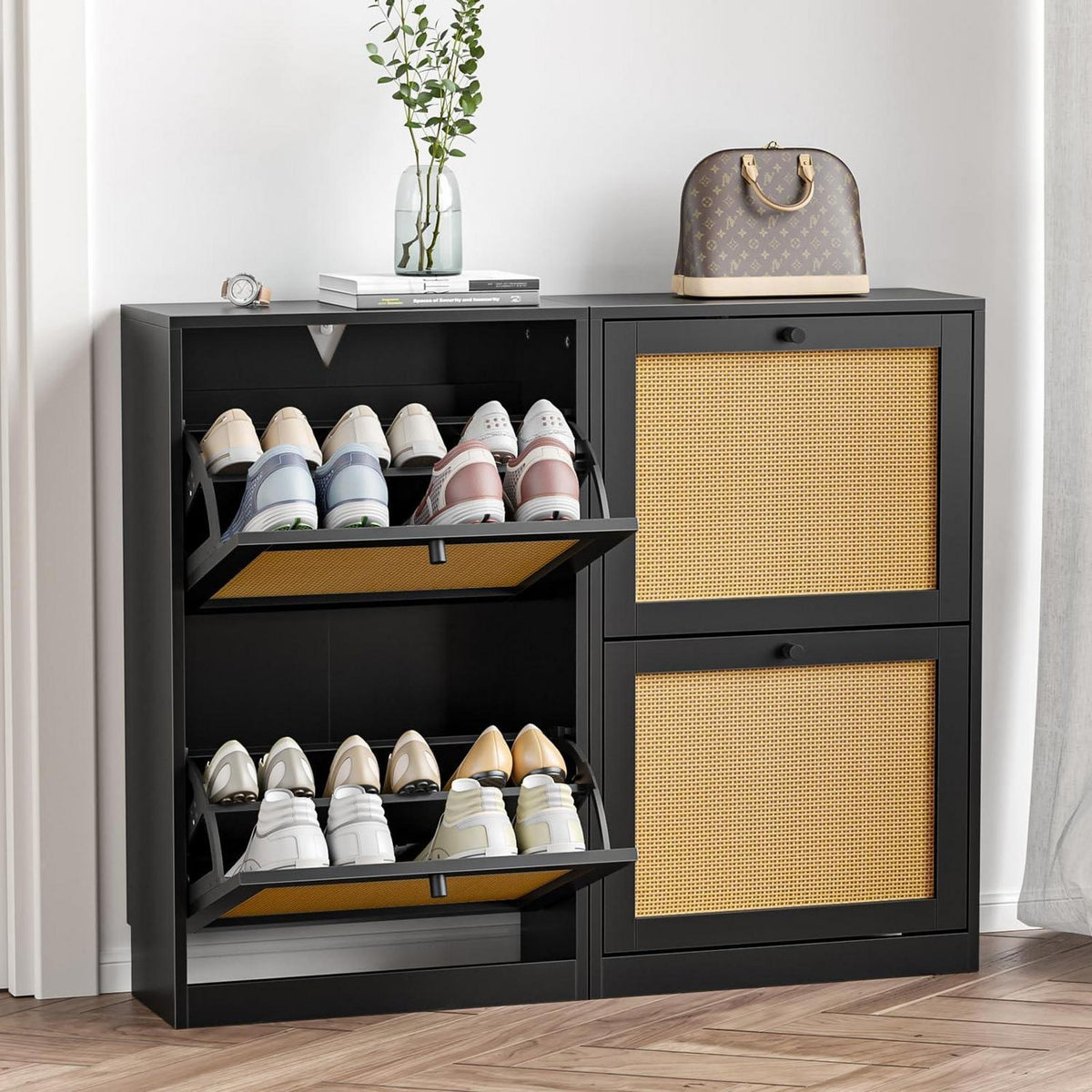 Schuhschrank mit 2 Klappschubladen – Platzsparender Schuhkipper Schwarz