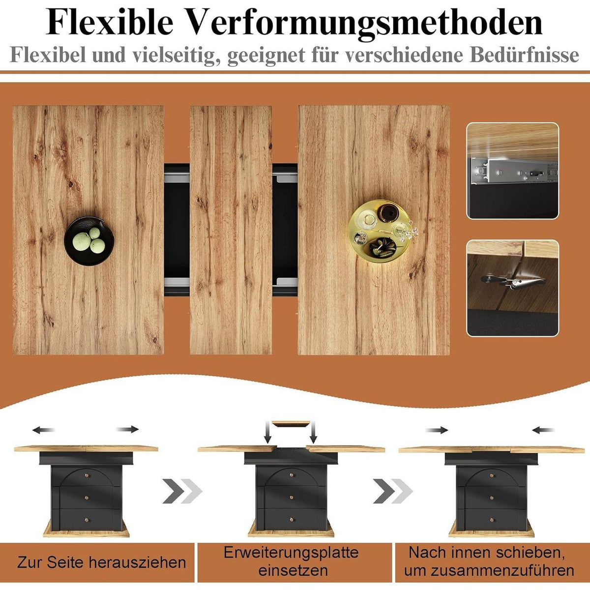 Ausziehbarer Esstisch Holz Schwarz mit Türen & Schubladen (110-140x80cm)