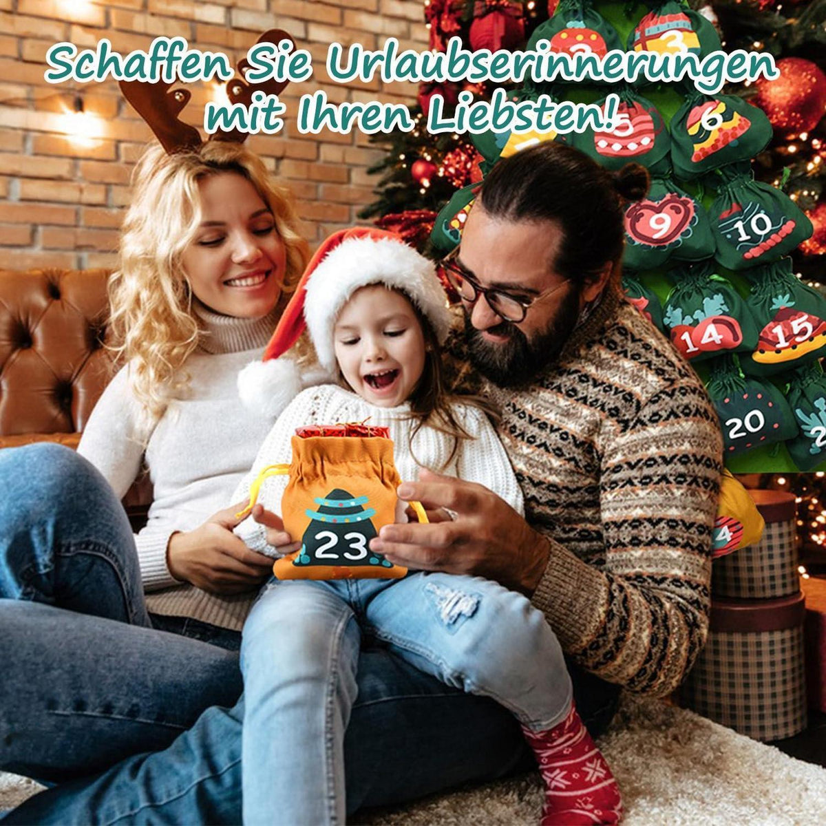 Adventskalender zum Aufhängen mit 24 Stoffbeuteln für Weihnachten