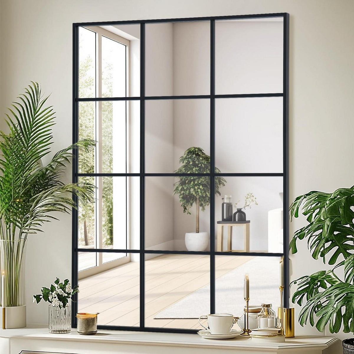 Schwarzer Wandspiegel 75x120cm mit Aluminiumrahmen – Fenster Design