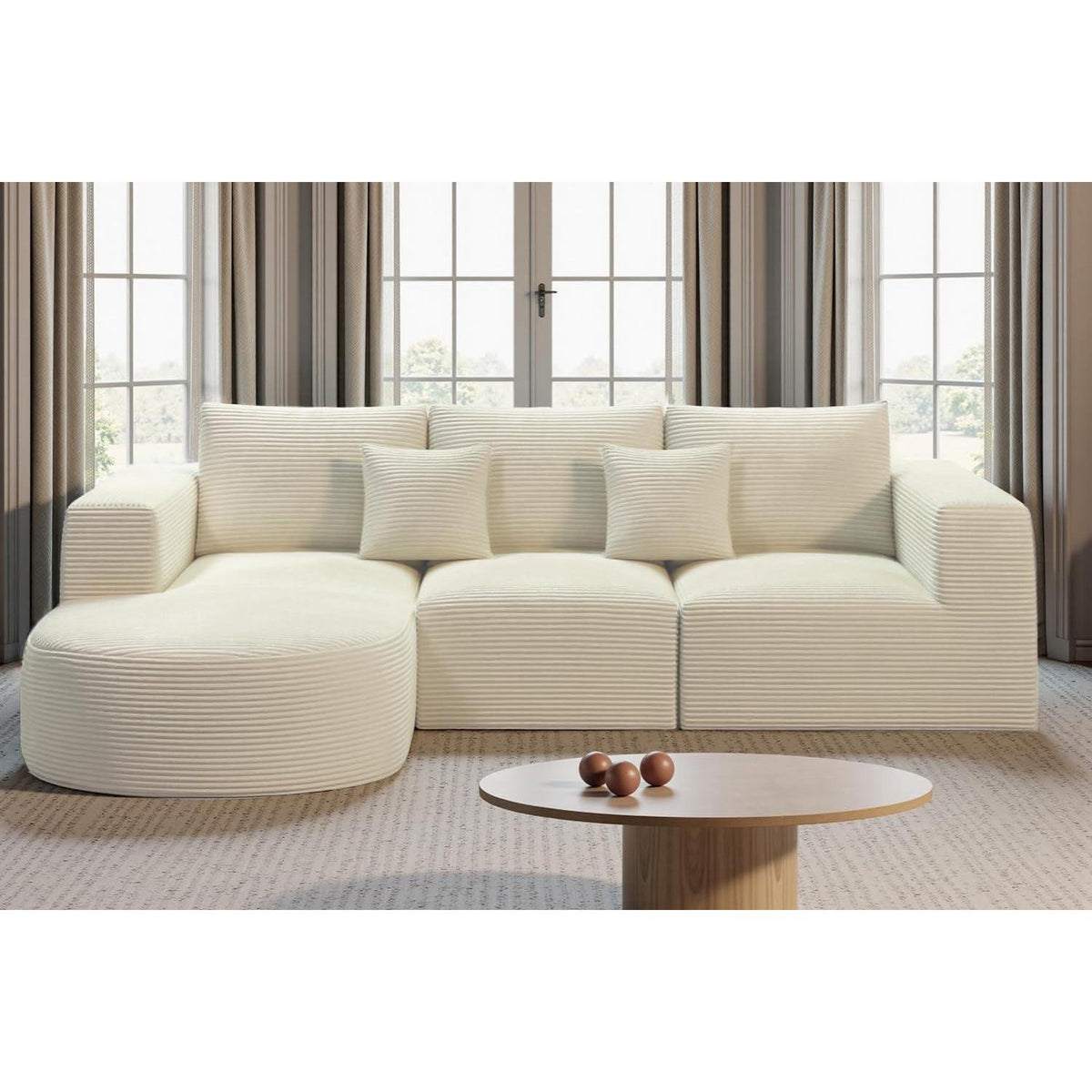 Ecksofa mit Schlaffunktion, rahmenlos, Cordstoff, Beige