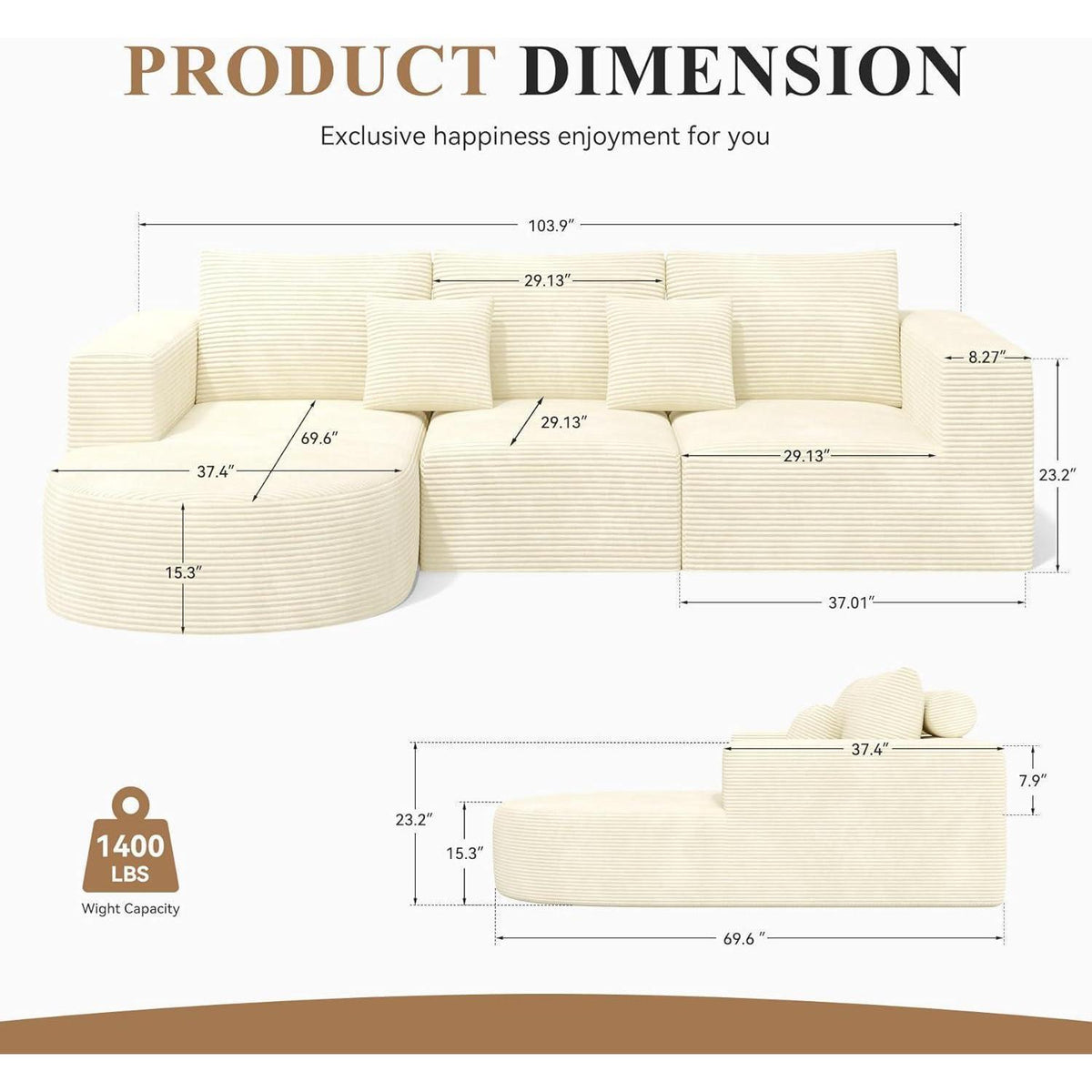 Ecksofa mit Schlaffunktion, rahmenlos, Cordstoff, Beige
