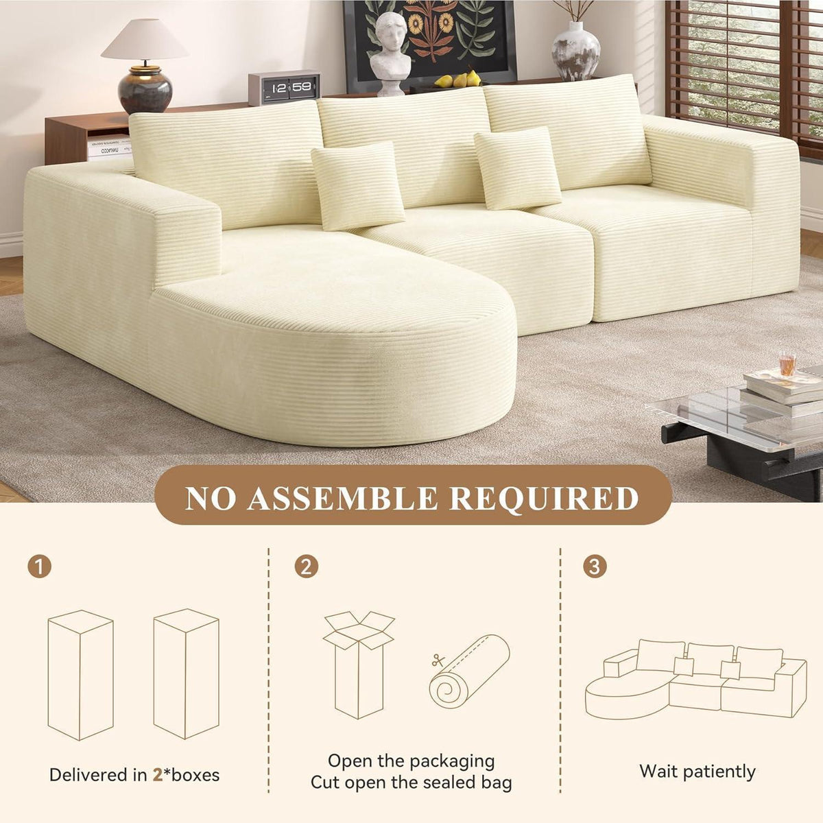 Ecksofa mit Schlaffunktion, rahmenlos, Cordstoff, Beige