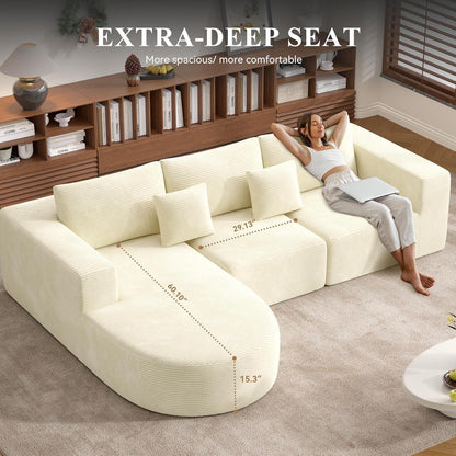 Ecksofa mit Schlaffunktion, rahmenlos, Cordstoff, Beige