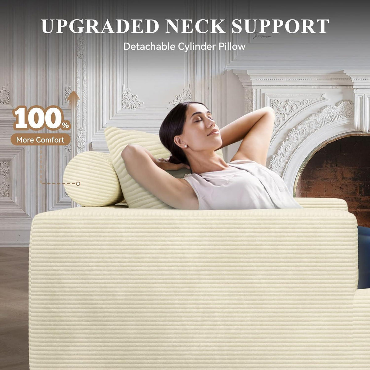 Ecksofa mit Schlaffunktion, rahmenlos, Cordstoff, Beige