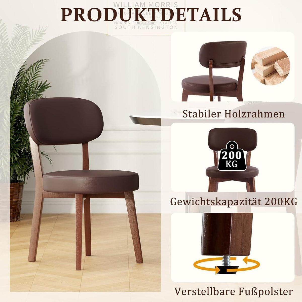 Esszimmerstühle 6er Set, Massivholz Braun in Lederoptik