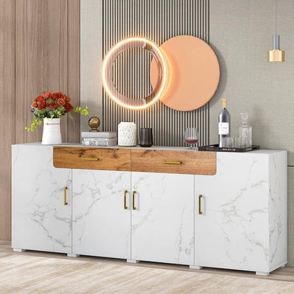 Weißes Sideboard mit Marmoroptik & Eichenholz Schubladen