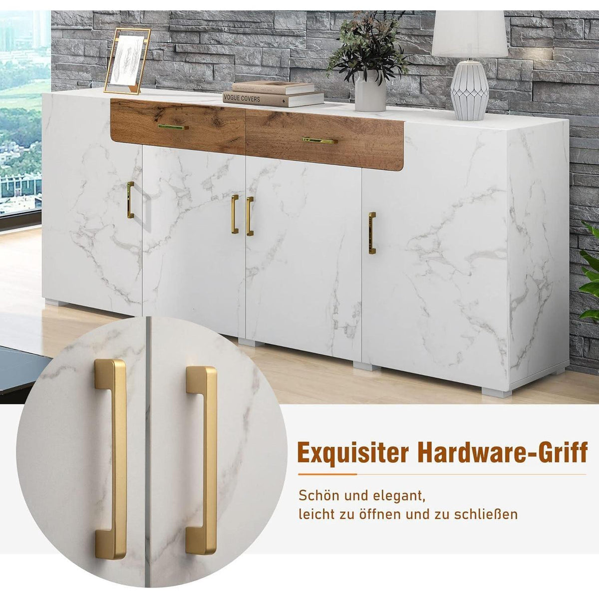 Weißes Sideboard mit Marmoroptik & Eichenholz Schubladen