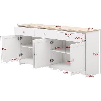 Weißes Sideboard mit 3 Schubladen & 4 Türen – 160x37x75 cm