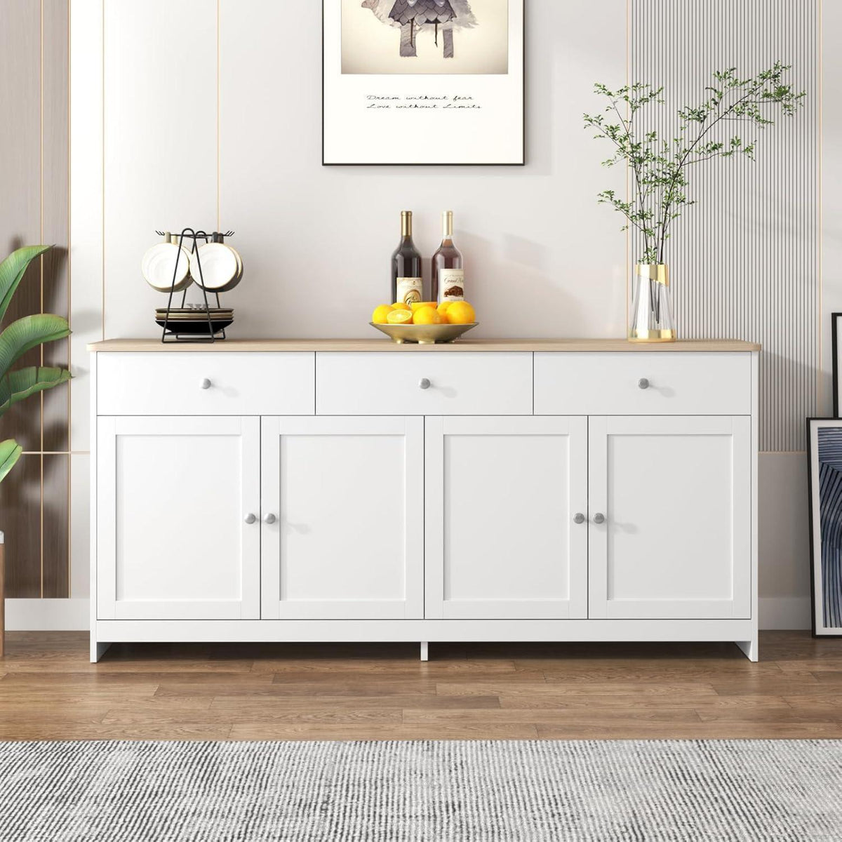 Weißes Sideboard mit 3 Schubladen & 4 Türen – 160x37x75 cm