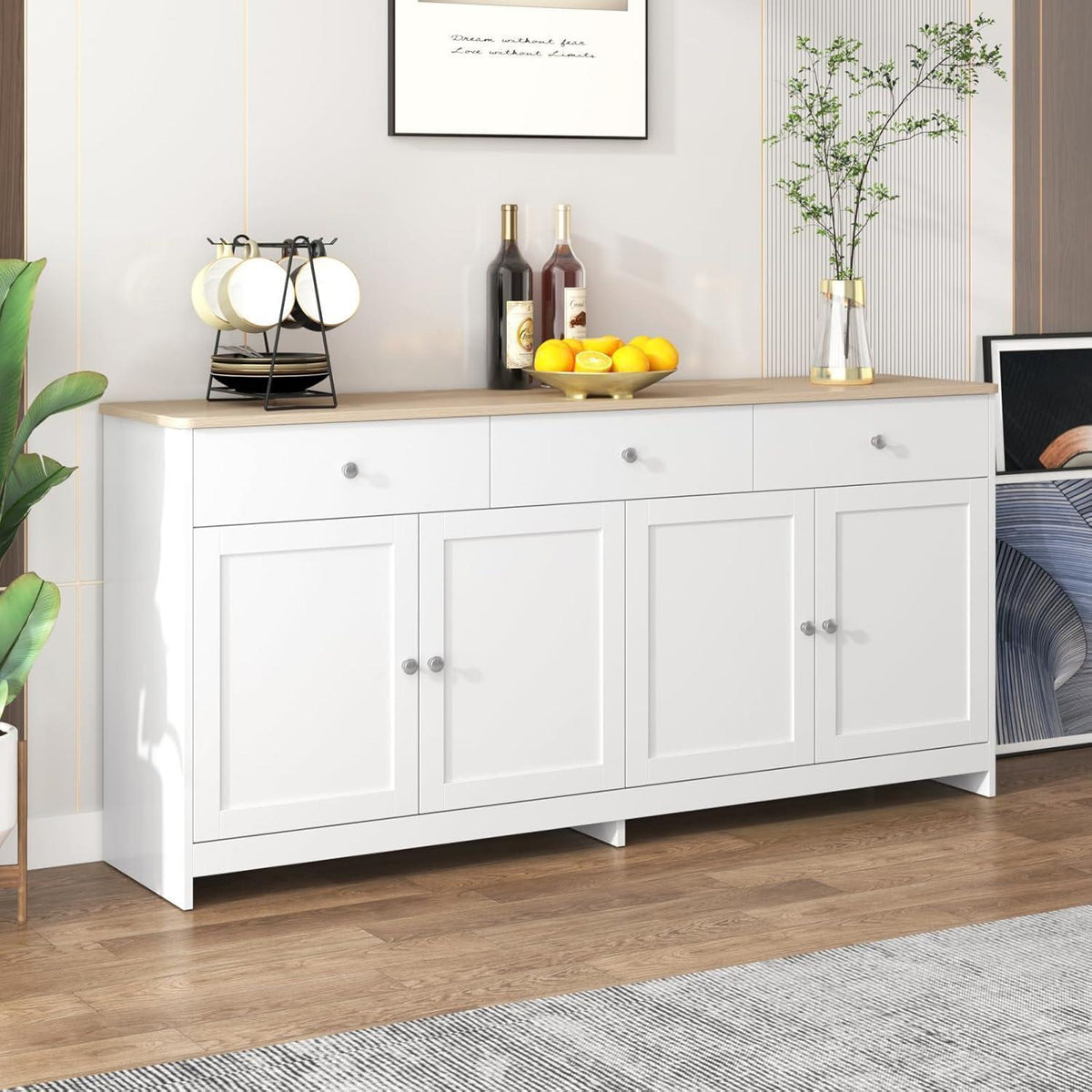 Weißes Sideboard mit 3 Schubladen & 4 Türen – 160x37x75 cm