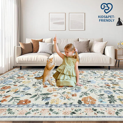 Waschbarer Teppich 120x170 cm – Grüner Wohnzimmerteppich mit Blumenmuster