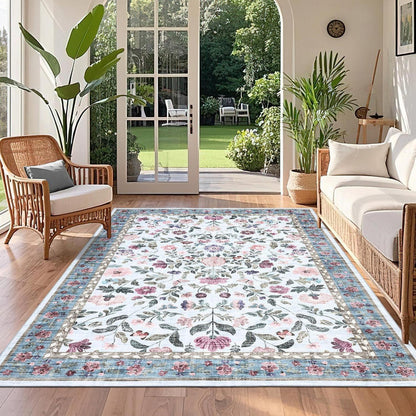 Waschbarer Teppich hellblau 120x170 cm – Rutschfest & Blumenmuster