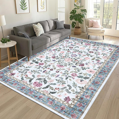 Waschbarer Teppich hellblau 120x170 cm – Rutschfest & Blumenmuster