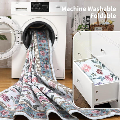 Waschbarer Teppich hellblau 120x170 cm – Rutschfest & Blumenmuster
